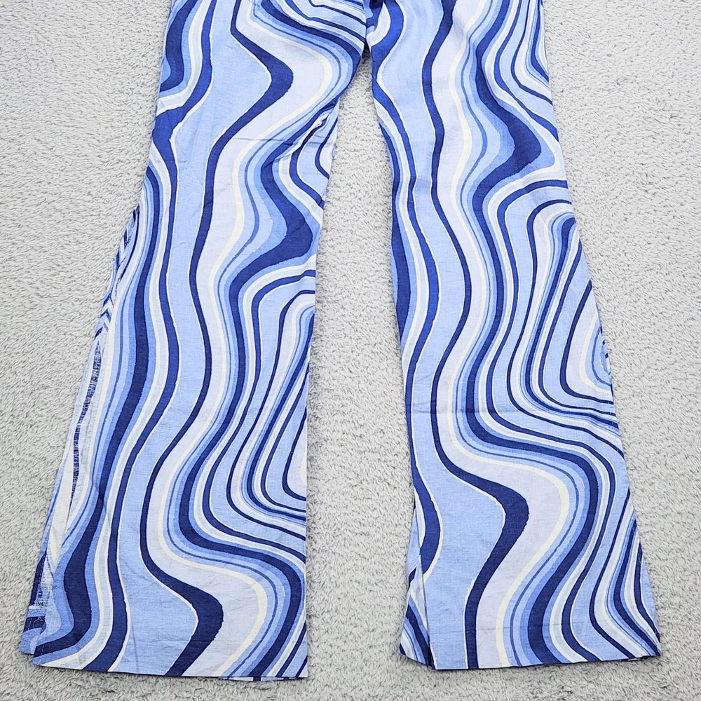 ZARA Womens Linen Blend Pants Sz S Split Hem Blue White Swirl Print Retro Wide